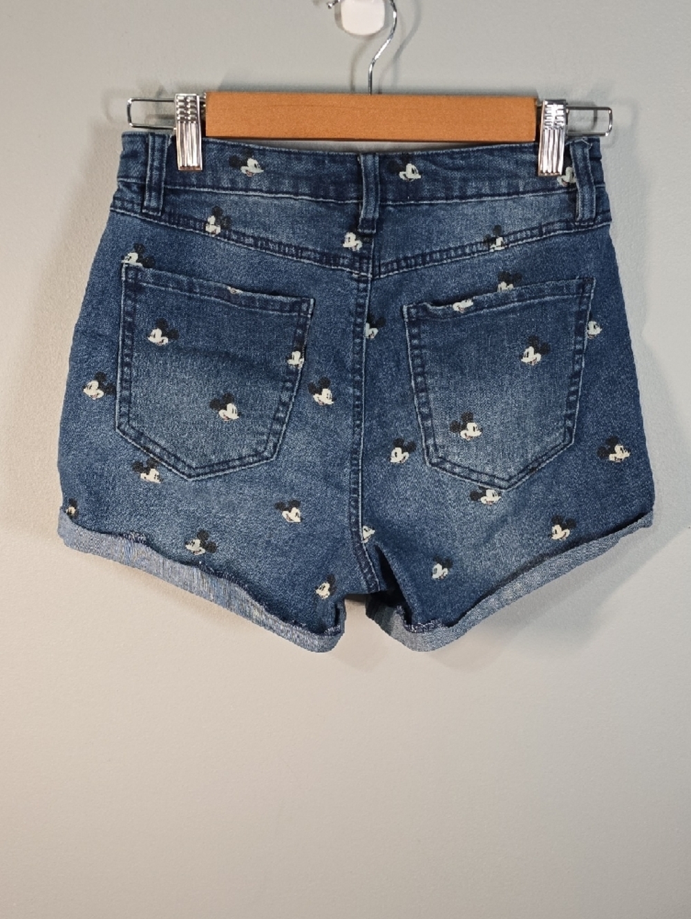 Disney Shorts Womens Size 7 Blue Mickey Print Button-fly Denim Cute - Picture 2 of 12